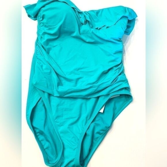 Bleu by Rod Beattie Shirred Ruffle Bandeau Mio One-Piece Swimsuit Wave size 14 - Picture 9 of 10
